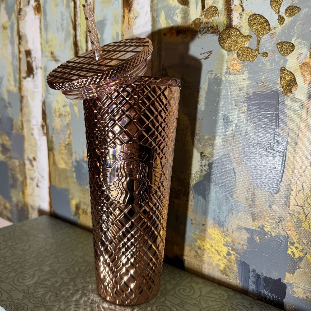 NWT Starbucks Rose Gold Mirrored Metallic Chrome Jeweled Cold Cup Tumbler